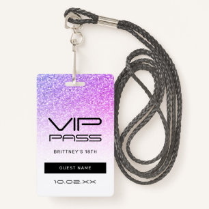 Purple Pink Glitter Glam VIP Pass 18th Invitation ID Badge