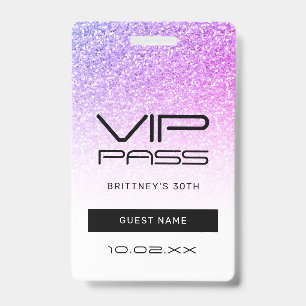 Purple Pink Glitter Glam VIP Pass 30th Invitation ID Badge
