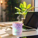 Purple pink glitter holographic name script mug<br><div class="desc">A trendy holographic background with unicorn and rainbow pastel colours in pink, purple, rose gold, mint green. Decorated with faux glitter dust. Personalise and add a name, written with a modern hand lettered style script with swashes. Purple coloured letters. To keep the swashes only delete the sample name, leave the...</div>