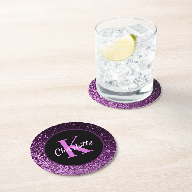 Purple pink glitter monogram name round paper coaster (Insitu)