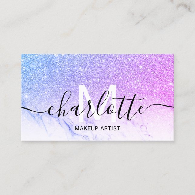 Purple pink glitter ombre marble name makeup logo business card (Front)