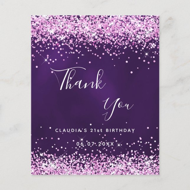 Purple pink glitter sparkle budget thank you note flyer (Front)