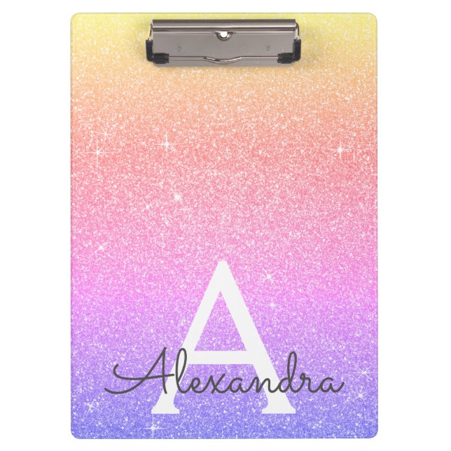 Purple Pink Glitter & Sparkle Monogram School Clipboard (Front)
