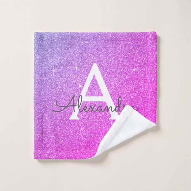 Purple Pink Glitter & Sparkle Monogram Wash Cloth (Wash Cloth)