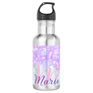 Purple pink glitter star monogram add letter text 532 ml water bottle