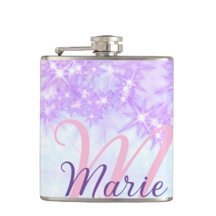 Purple pink glitter star monogram add letter text hip flask