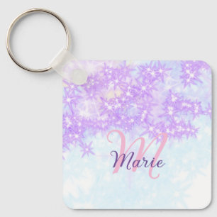 Purple pink glitter star monogram add letter text key ring