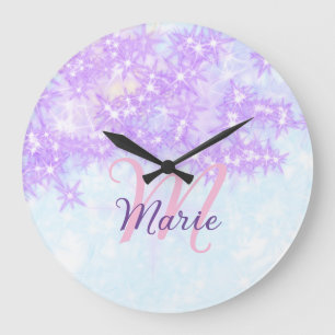 Purple pink glitter star monogram add letter text large clock
