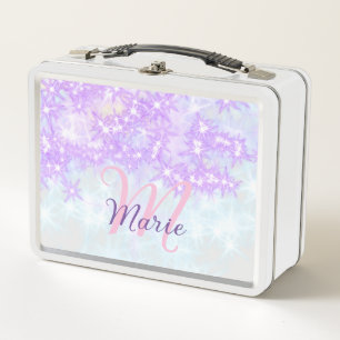 Purple pink glitter star monogram add letter text metal lunch box