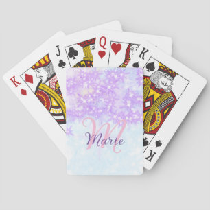 Purple pink glitter star monogram add letter text playing cards
