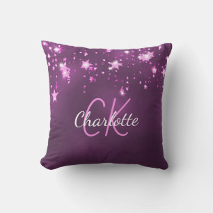 Purple pink glitter stars monogram name cushion