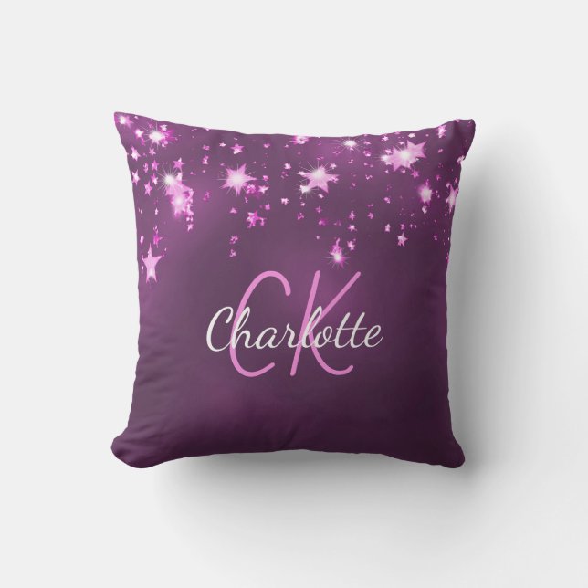 Purple pink glitter stars monogram name  cushion (Front)