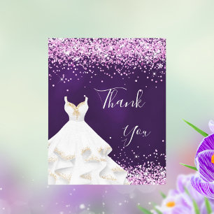 Purple pink glitter white dress thank you card