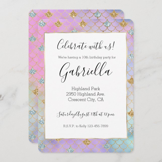 Purple Pink Gold Aqua Glitter Mermaid Sparkle Invitation (Front/Back)