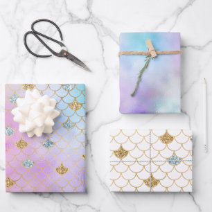 Purple Pink Gold Aqua Glitter Mermaid Sparkle Wrapping Paper Sheet