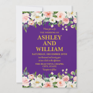 Purple Pink & Gold Boho Bohemian Greenery Wedding Invitation