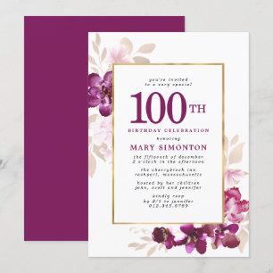 Purple Pink Gold Floral 100th Birthday Invitation