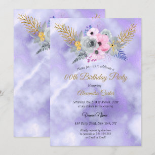 Purple Pink Gold Floral Bouquet Birthday Party Invitation