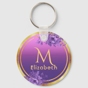 Purple pink gold glam monogram name key ring