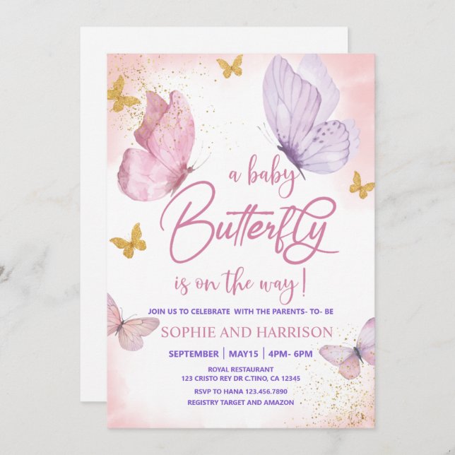Purple Pink Gold Glitter Butterfly Baby Shower Invitation (Front/Back)