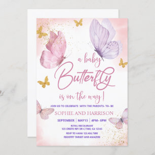 Purple Pink Gold Glitter Butterfly Baby Shower Invitation