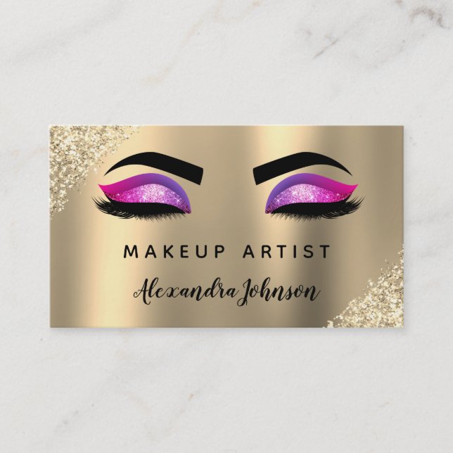 Purple Pink Gold Glitter Sparkle Makeup Artist Business Card (Front)
