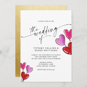 Purple Pink Gold Heart Balloons Wedding Invitation