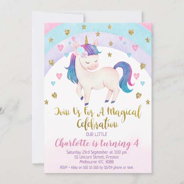 Purple Pink Gold Unicorn Birthday Invitation (Front)