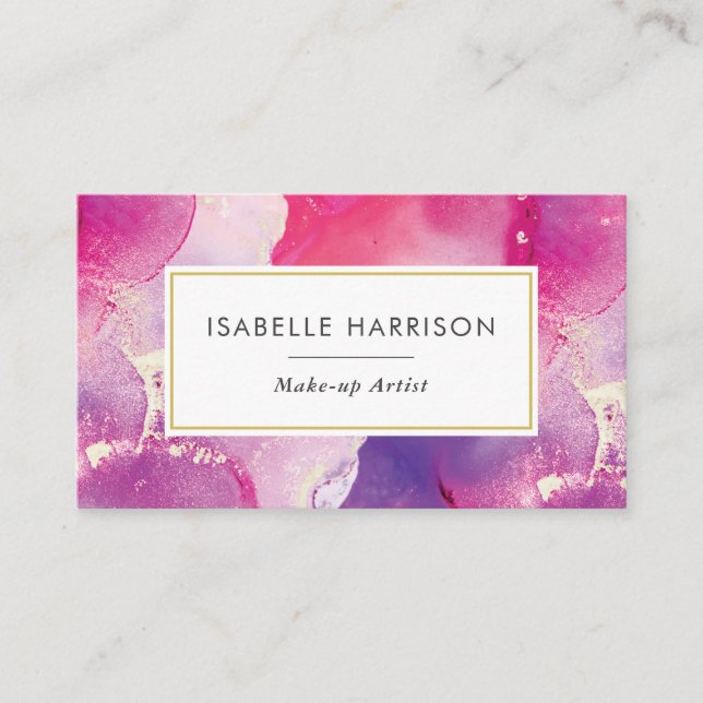 Purple pink gold watercolor ink business card (Front)