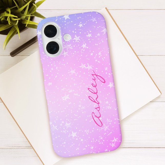 Purple & Pink Gradient, White Stars & Script Name Case-Mate iPhone Case (Creator Uploaded)