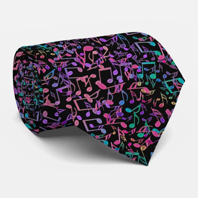 Purple Pink Green Black Chaotic Music Notes Tie (Rolled)