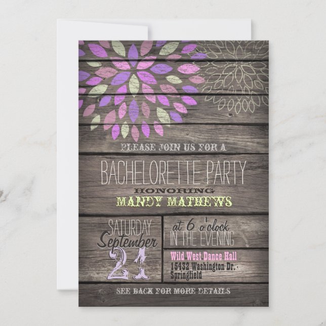 Purple, Pink, Green; Rustic Bachelorette Party Invitation (Front)