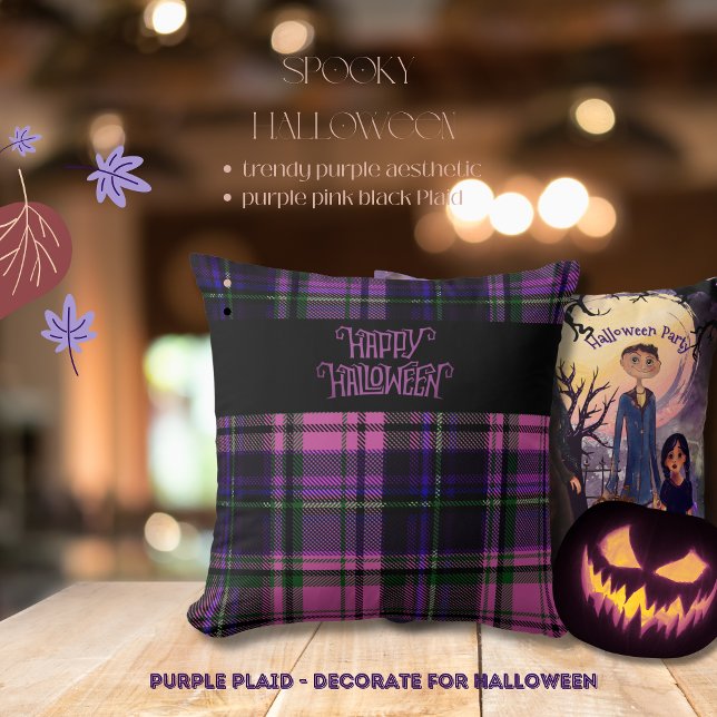 Purple Pink Happy Halloween Plaid  Cushion (Purple Pink Happy Halloween Plaid Throw Pillow)