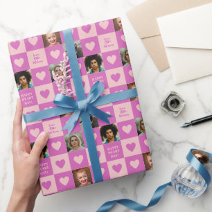 Purple Pink Heart Chequerboard Photos Valentine Wrapping Paper