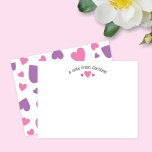Purple & Pink Hearts Cute Girly Note Card<br><div class="desc">This cute design features space for your text in a pretty curve over a trio of heart graphics with a random pattern of hearts on the back! Click the customise button if you would like to move/scale the images and further modify the text! Variations of this design, additional colours, as...</div>