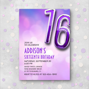 Purple Pink Holo 16th Birthday Invitation