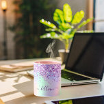 Purple pink holographic name script mug<br><div class="desc">A trendy holographic background with unicorn and rainbow pastel colours in pink, purple, mint green. Decorated with confetti. Personalise and add a name, written with a modern hand lettered style script with swashes. Purple coloured letters. To keep the swashes only delete the sample name, leave the spaces or emoji's in...</div>