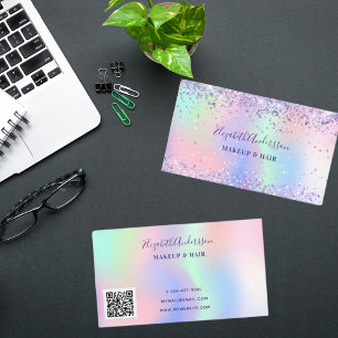 Purple pink holograpic glitter makeup hair qr code business card