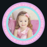 Purple Pink Kids Photo Birthday Thank You Classic Round Sticker<br><div class="desc">These adorable photo stickers feature a circles frame in purple,  pink,  and aqua blue. Circled text reads,  "THANK YOU SO MUCH FOR CELEBRATING MY BIRTHDAY WITH ME!"  Great for use as favour labels,  envelope seals,  and more!</div>
