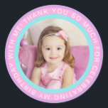 Purple Pink Kids Photo Birthday Thank You Classic Round Sticker<br><div class="desc">These adorable photo stickers feature a circles frame in purple,  pink,  and aqua blue. Circled text reads,  "THANK YOU SO MUCH FOR CELEBRATING MY BIRTHDAY WITH ME!"  Great for use as favour labels,  envelope seals,  and more!</div>
