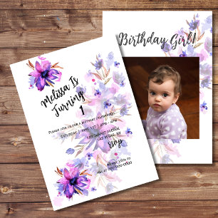 Purple Pink Lavender Flower First Birthday Photo Invitation