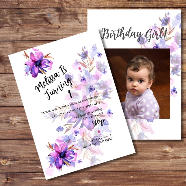Purple Pink Lavender Flower First Birthday Photo Invitation (Creator Uploaded)