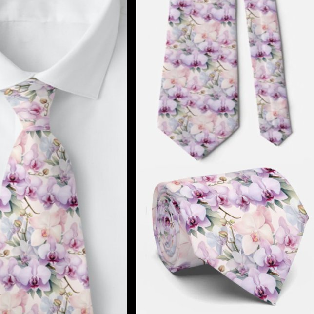 Purple Pink Lavender Light Blue Pastel Orchids Tie (Creator Uploaded)