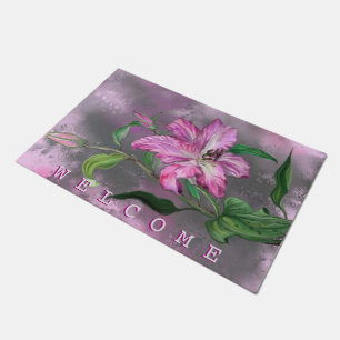 Purple Pink Lily Flowers Doormat Welcome Text