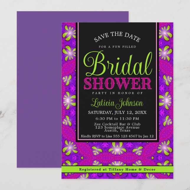 Purple Pink Lime Green Modern Bridal Shower Invitation (Front/Back)