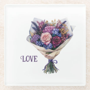 Purple Pink Love Flowers Glass Coaster