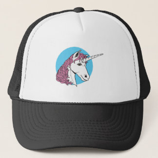purple/pink mane unicorn head trucker hat