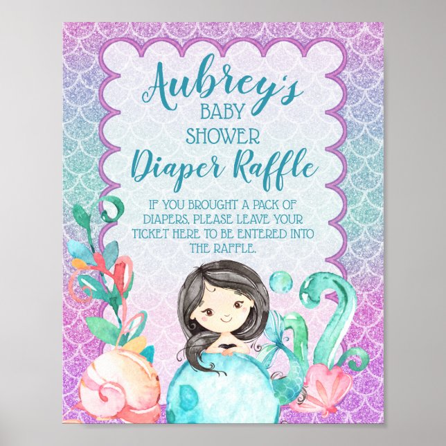 Purple Pink Mermaid Girl Baby Shower Diaper Raffle Poster (Front)