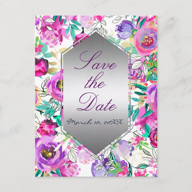 Purple Pink Modern Floral Wedding Save the Date Announcement Postcard (Front)