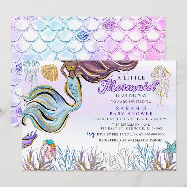 Purple Pink Modern Glitter Mermaid Baby Shower Invitation (Front/Back)